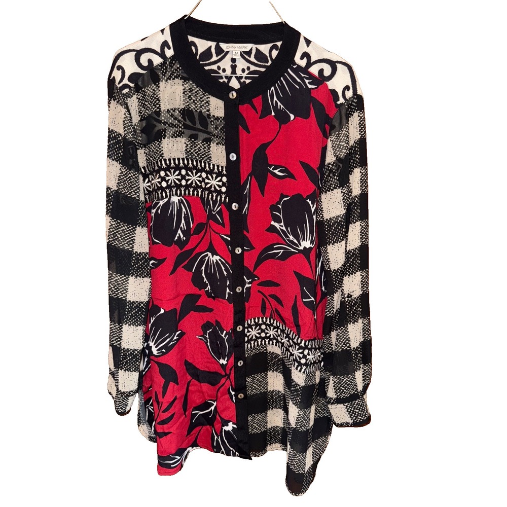 John Mark Mixed Print Tunic Top Red Floral Plaid Patchwork Boho Artsy Medium